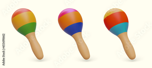 Set of wooden maracas of different colors. Isolated vector icons. Bright folk musical instrument. Colorful decorations for design of music site, application, game
