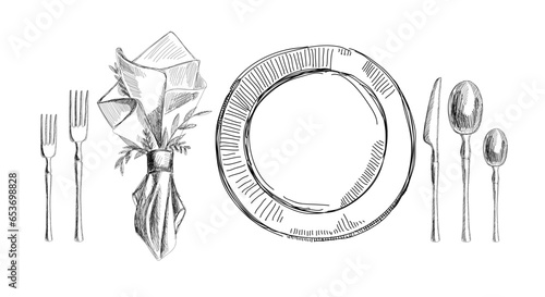 A set of dishes for the wedding table. Black and white sketch. Vector