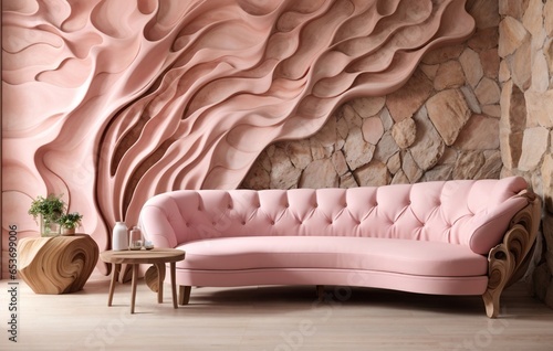 Pink Sofa near Wavy Wall, Interior of Modern Living Room, using Generative Ai