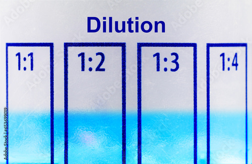 Tableau sur toile Close up a dilution ratio label of concentrated liquid chemicals on plastic bottles