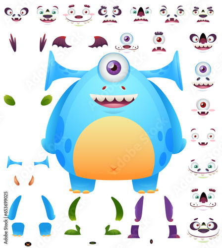 Cute monster cartoon character constructor kit with body parts changeable eyes, ears, horns, mouths, teeth, legs, hands, tails for monster creation