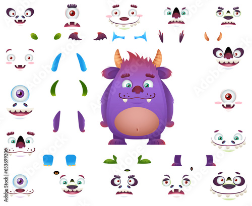 Cute monster cartoon character constructor kit with body parts changeable eyes, ears, horns, mouths, teeth, legs, hands, tails for monster creation