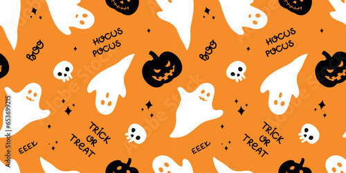 Happy halloween pattern. Cute white ghosts and pumpkins with halloween phrases on the orange background. Seamless pattern with characters.
