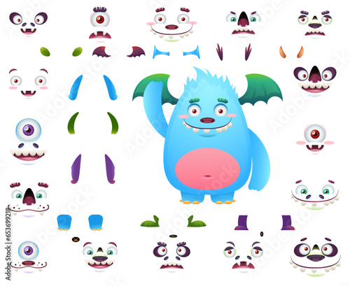 Cute monster cartoon character constructor kit with body parts changeable eyes, ears, horns, mouths, teeth, legs, hands, tails for monster creation