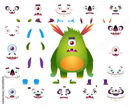 Cute monster cartoon character constructor kit with body parts changeable eyes, ears, horns, mouths, teeth, legs, hands, tails for monster creation