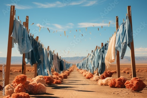 Laundry line with jeans and denim jackets swaying in the wind, creating a denim dreamscape, Generative AI