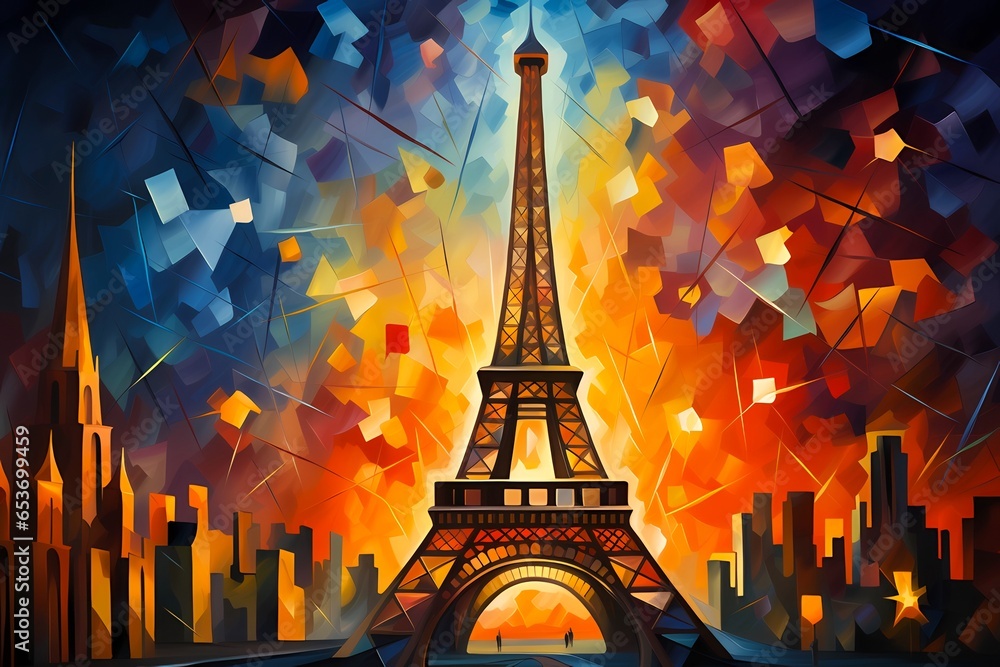 Cubist representation of the Eiffel Tower at night - obrazy, fototapety, plakaty 
