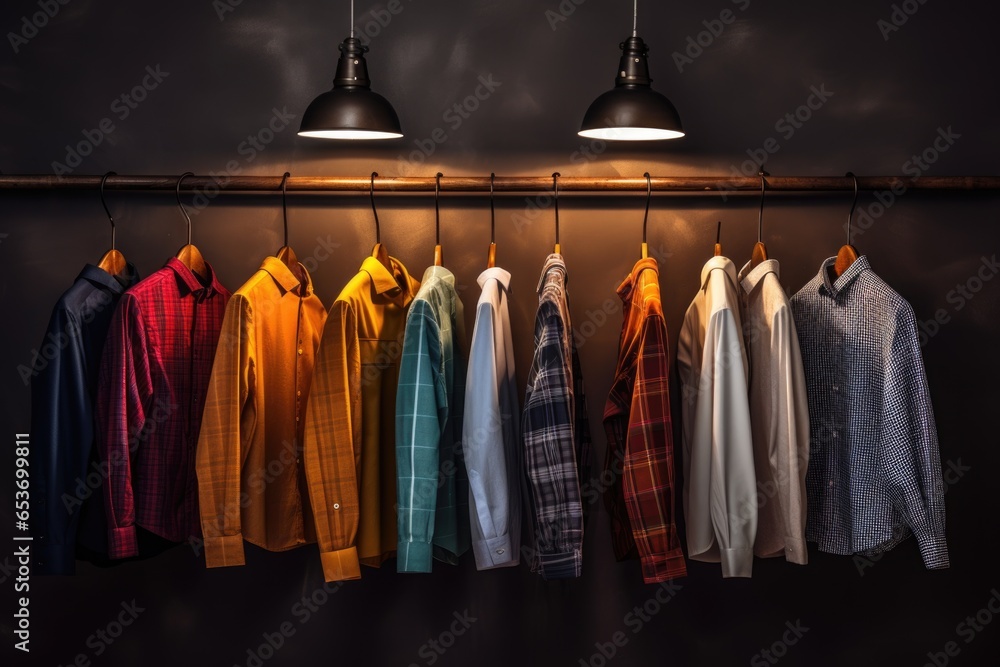 Multi-colored clothes hang on trempels in the store. Selling clothes in a store. Multi-colored clothes hang on trempels in the store. Selling clothes in a store.