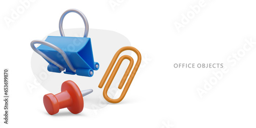 3D office objects. Red pin, blue binder clip, yellow paper clip. Color vector composition, place for text on white background. Advertising of stationery manufacturer. Back to school