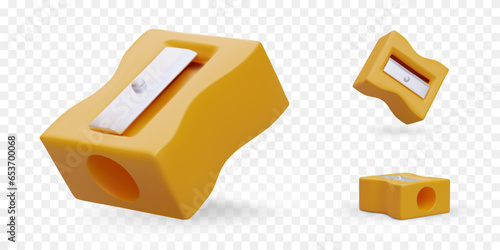 Yellow pencil sharpener. School and office stationery. Set of colored vector illustrations. Icons for web design. Back to school. Accessory for sharpening pencils