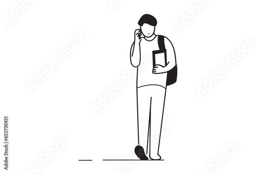 New students walking along campus street with books and bags.A young man strolls along the bustling street, engrossed in the captivating world inside his smart phone. The scene comes to life through a