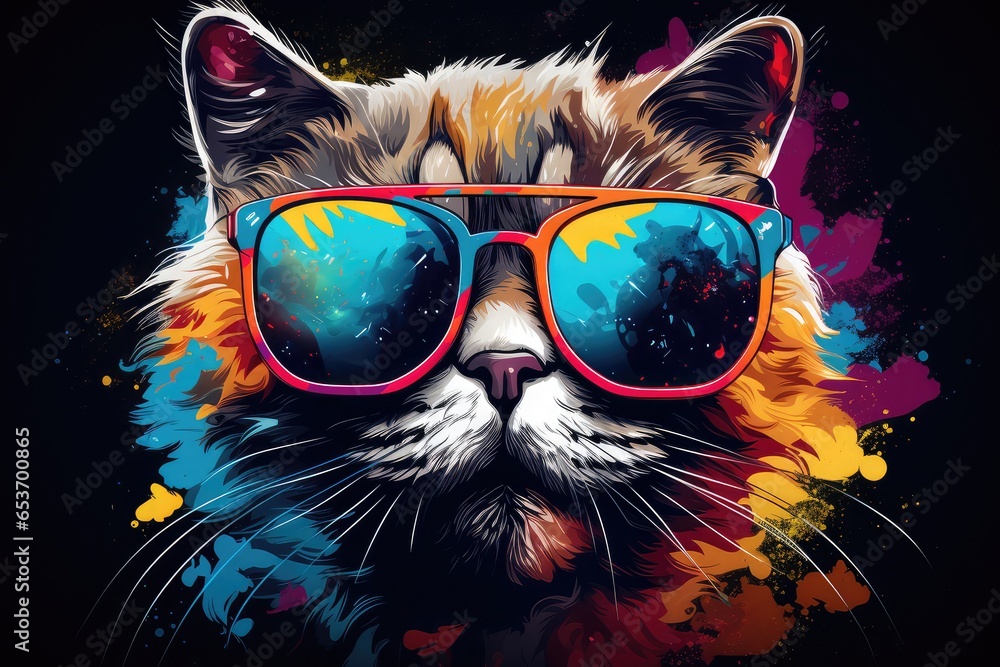 Kolorowy kot w okularach przeciwsłonecznych w kolorach całej tęczy przedstawiony na abstrakcyjnym obrazie. 