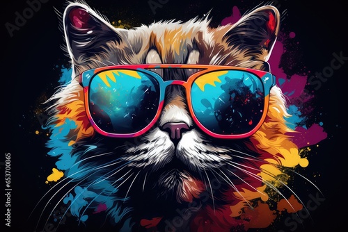 Kolorowy kot w okularach przeciwsłonecznych w kolorach całej tęczy przedstawiony na abstrakcyjnym obrazie.  photo