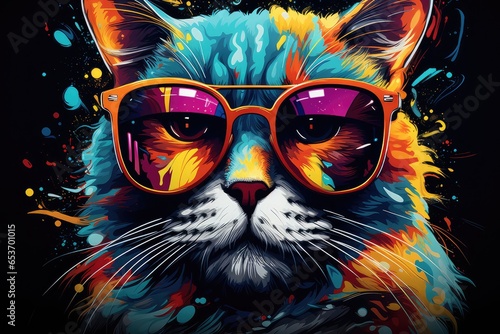 Kolorowy kot w okularach przeciwsłonecznych w kolorach całej tęczy przedstawiony na abstrakcyjnym obrazie.  © Bear Boy 