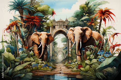 Mughal arch. Indian elephants. Decorative painting with elephants and plants