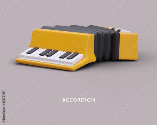 3D piano accordion, side view. Keyboard musical instrument. Yellow bayan on colored background. Vector illustration for music site, application. Cartoon style