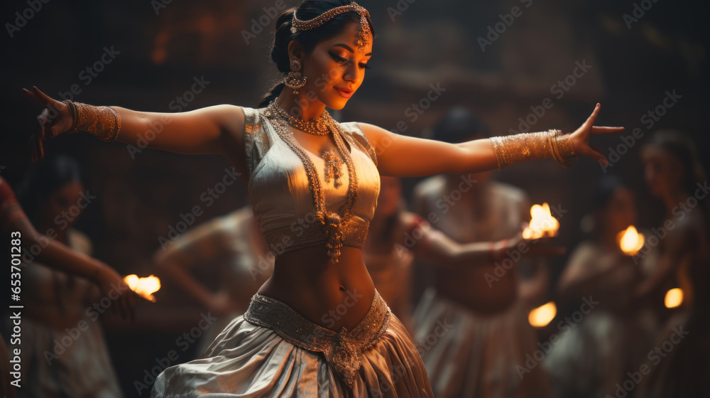 Beautiful asian woman in traditional indian dress dancing in a temple - obrazy, fototapety, plakaty 