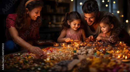 Indian family celebrating Diwali festival with lit candles and sweets.