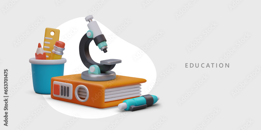 3d microscope, big folder with paper and kit of pencils. Things for study and research tools. Education concept. Colorful vector illustration with place for text 3d microscope, big folder with paper and kit of pencils. Things for study and research tools. Education concept. Colorful vector illustration with place for text