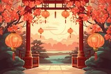 Classic oriental background with Chinese lanterns. Chinese garden landscape illustration. Chinese New Year