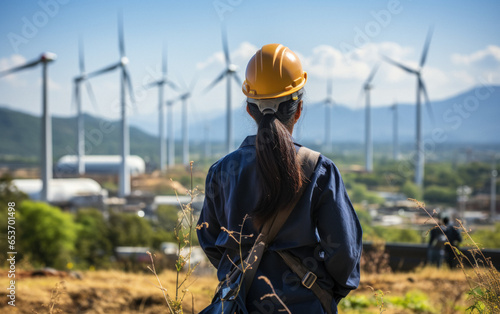 A beautiful female inspector conducts an inspection at a factory with natural energy