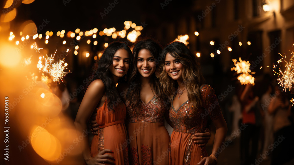 Group of happy young women with sparklers in the city at night Group of happy young women with sparklers in the city at night