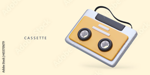 3d realistic cassette on yellow background. Device for recording and playing music. Poster for music store. Colorful vector illustration with place for text