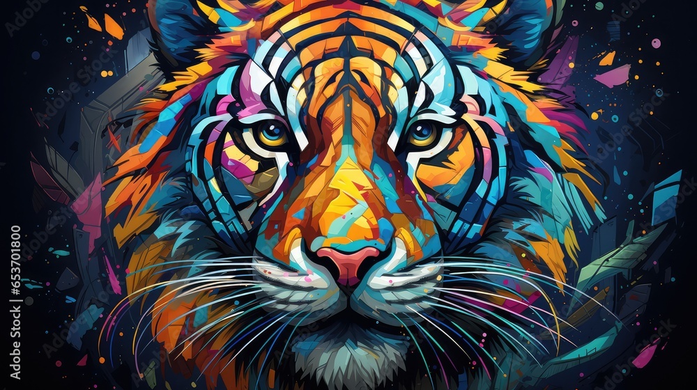 Kolorowy tygrys w kolorach całej tęczy przedstawiony na abstrakcyjnym obrazie.  - obrazy, fototapety, plakaty 