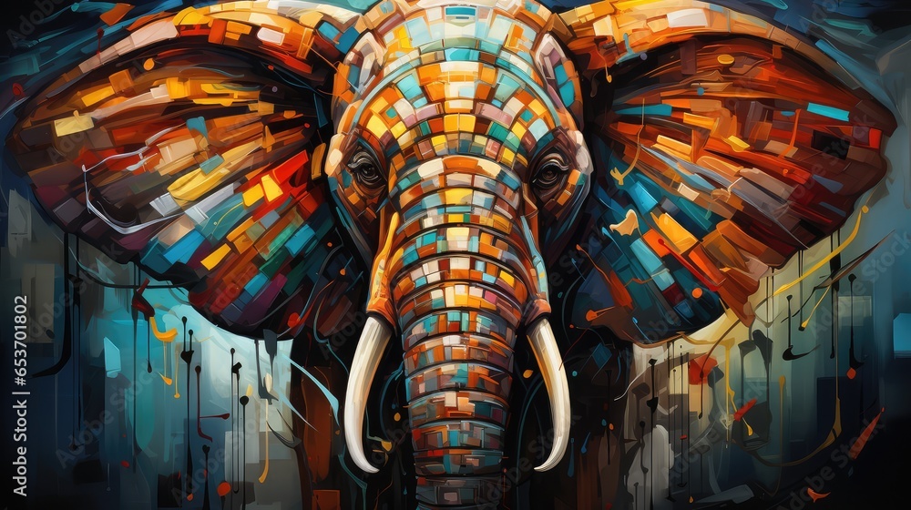 Kolorowy słoń w kolorach całej tęczy przedstawiony na abstrakcyjnym obrazie.  - obrazy, fototapety, plakaty 