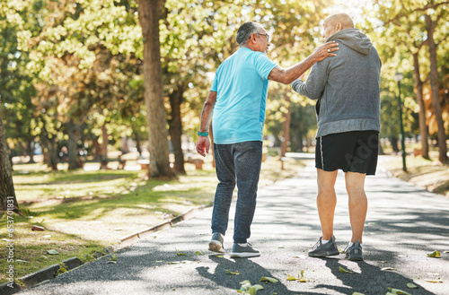 Quadro em tela Senior friends, walk and talk in park in retirement, fitness and wellness in outdoors