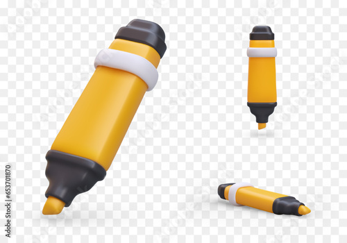 Yellow realistic marker in different positions. Isolated illustrations, icons set. Accessory for selecting and coloring text. Modern stationery. Vector