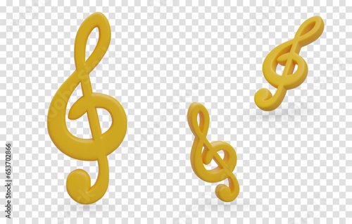 3D yellow treble clef. Musical note symbol for indicating parts of various instruments. Set of isolated icons for music site, application. Vector illustration with shadows