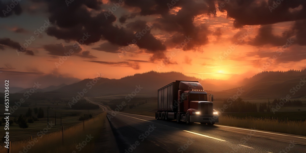 AI Generated. AI Generative. Truck auto mobile  at road highway parking with sunset country side landscape background. Graphic Art