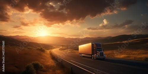 AI Generated. AI Generative. Truck auto mobile  at road highway parking with sunset country side landscape background. Graphic Art
