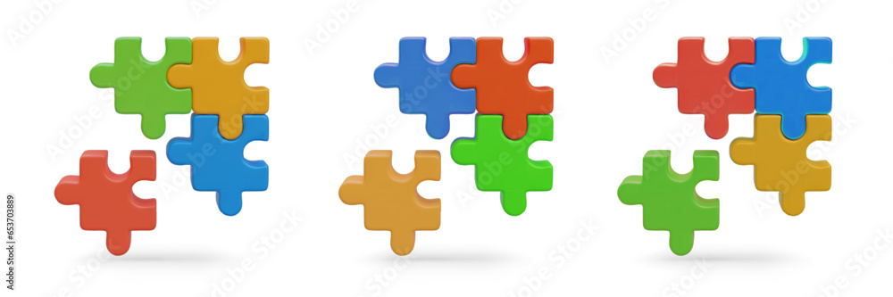 Set of colorful puzzles on white background. Isolated realistic illustrations. Symbol of finding solution. Difficult task, riddle. Logical games. Team work Set of colorful puzzles on white background. Isolated realistic illustrations. Symbol of finding solution. Difficult task, riddle. Logical games. Team work