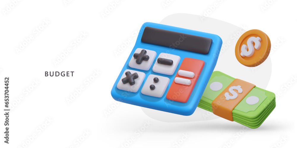 Realistic 3d calculator, coin and banknotes. Poster with accounting stuff and place for text. Budget concept. Colorful vector illustration in blue and green colors Realistic 3d calculator, coin and banknotes. Poster with accounting stuff and place for text. Budget concept. Colorful vector illustration in blue and green colors