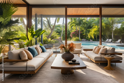A Tropical Modern Living Room Oasis: Serene Interior with Lush Greenery, Sleek Contemporary Furniture, and Vibrant Colors, Creating an Inviting and Tranquil Indoor-Outdoor Space.