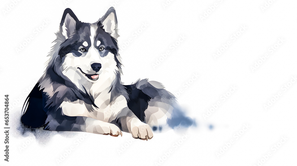 Watercolor style image of a black and white wolf on a white background. Watercolor style image of a black and white wolf on a white background.