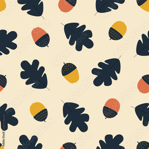 Colorful fall acorn and oak leaf hand drawn vector illustration. Autumn vibes seamless pattern for kids fabric or wallpaper.