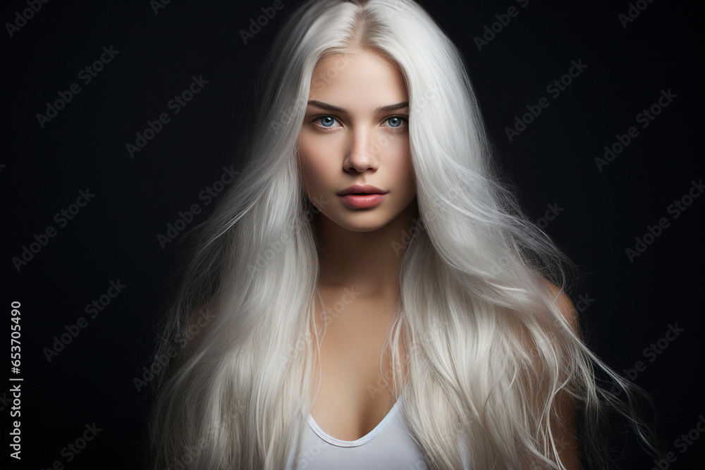 Generative Ai portrait illustration of glamorous charming young girl fashion model have white dyed tint hair Generative Ai portrait illustration of glamorous charming young girl fashion model have white dyed tint hair