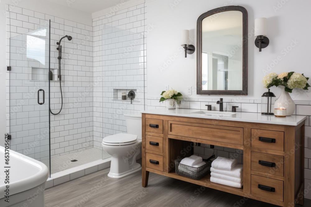 Fototapeta premium Modern farmhouse bathroom with rustic wood accents, subway tile, and functional sink, showcasing minimalist design and cozy neutral colors.