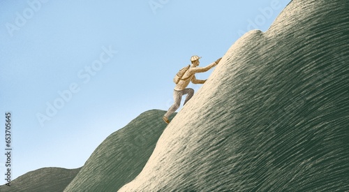 Conceptual artwork. concept  art of success and adventure. a man and the mountain. drawing illustration. photo