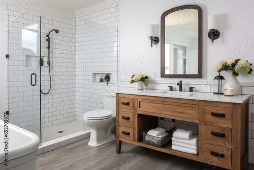 Modern farmhouse bathroom with rustic wood accents  subway tile  and functional sink  showcasing minimalist design and cozy neutral colors.