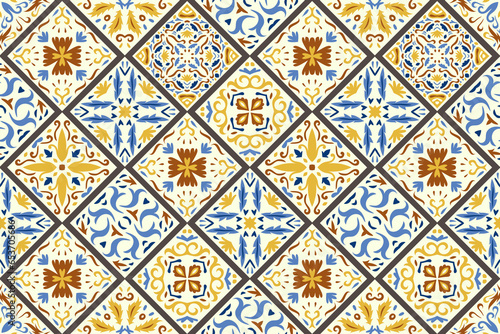 Set of patterned azulejo floor tiles background. Seamless colorful pattern. Abstract geometric patchwork. Collection of ceramic tiles in turkish style. Portuguese and Spain decor. Islam, Arabic