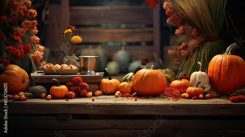a picturesque autumn setting, complete with a rustic wooden table showcasing pumpkins, a variety of colorful autumn leaves, and clusters of berries.