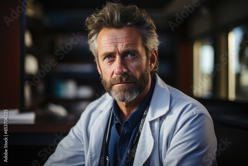 Portrait of a middle-aged doctor with glasses and a beard in his white doctor's coat