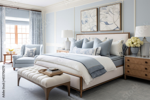 A Tranquil Bedroom Oasis: Serenity Unveiled with Sublime Interior Design, Pale Blue Hues, and a Peaceful Ambiance, Creating a Stylish, Cozy Retreat for Restful and Serene Relaxation. © aicandy