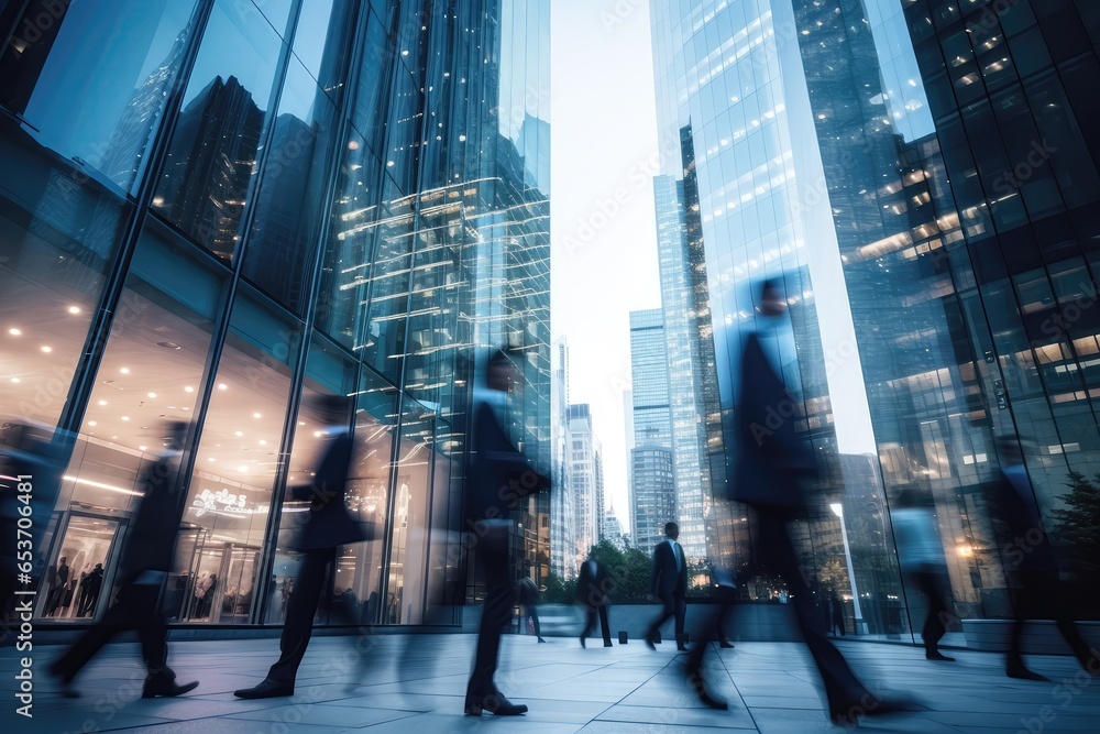 Timelapse Video Portraying Business People In Motion As They Walk Through The City, Creating Captivating Blur Effect Against The Backdrop Of Towering Office Skyscrapers