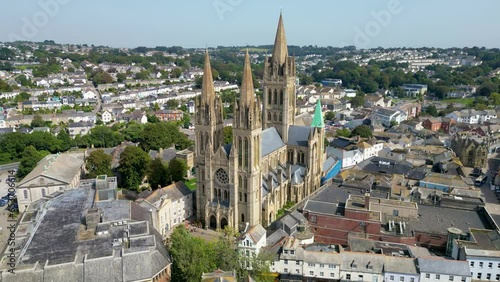 Orbiting Truro Cathedral and city centre in Cornwall, UK
