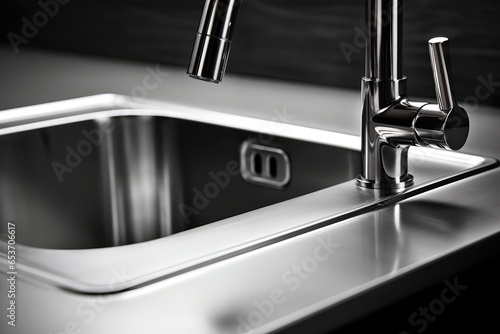 Closeup Photograph Of Shiny, Stainless Steel Kitchen Sink With Faucet, Impeccably Clean And Gleaming photo